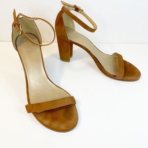 Stuart Weitzman NearlyNude Brown Saddle Suede  Low Block Heel Sandals 8.5